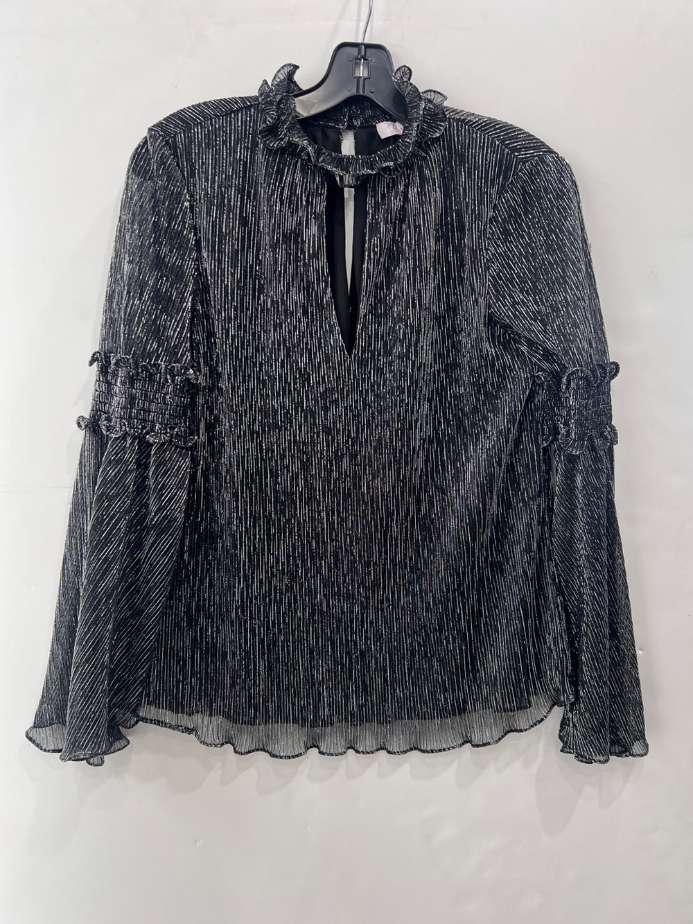 $255 Parker black metallic Justina smocked flare blouse top size XS